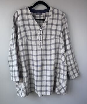 Sahara Womens Tunic Size M UK 12/14 Lagenlook 100% Linen Top Plaid Pockets